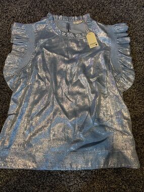 JODIFL Iridescent Light Blue Ruffle Sleeve Top